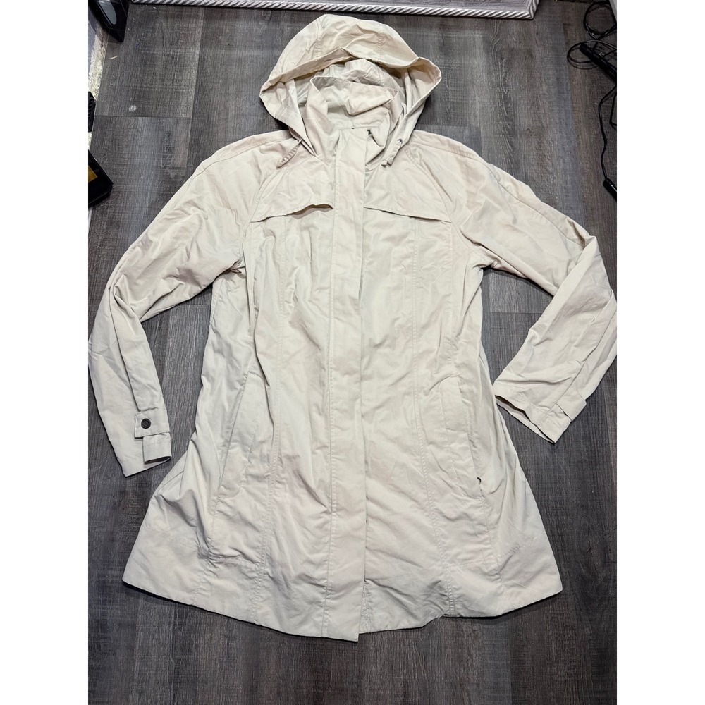 Eddie Bauer Womens Tan Hooded Rain Jacket Nylon Full Zip Windbreaker Coat Size L